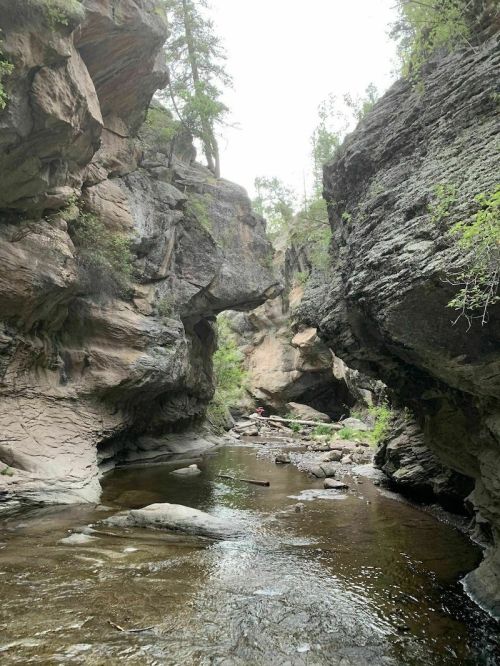 A serene canyon with towering rock formations and a calm stream flowing through the center, surrounded by greenery.