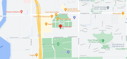 Map showing the location of Fat Tuesday near Dave & Buster's and State Farm Stadium in Glendale, Arizona.