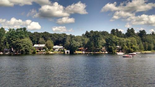 A serene lake scene with houses along the shore, surrounded by trees and fluffy clouds in a blue sky.