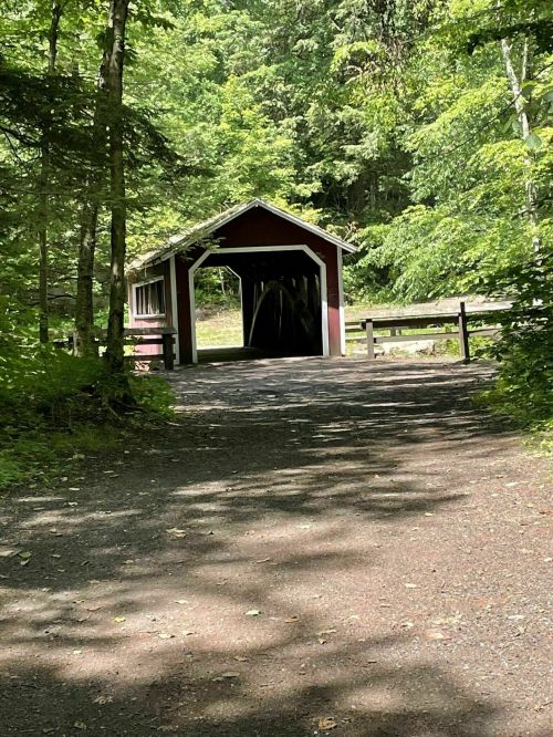 A red covered bridge surrounded by lush green trees and a gravel path leading to it.