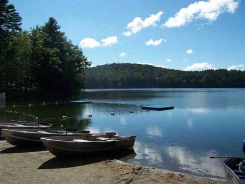 A serene lake scene with rowboats on the shore, surrounded by trees and a clear blue sky with fluffy clouds.