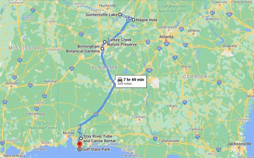 Map showing a route from Gulf State Park to various locations in Alabama and Georgia, including travel time and distance.
