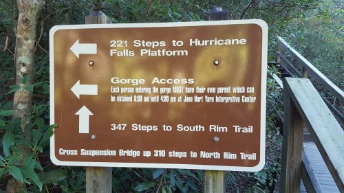 Signpost indicating directions and steps to Hurricane Falls Platform, Gorge Access, and South Rim Trail.