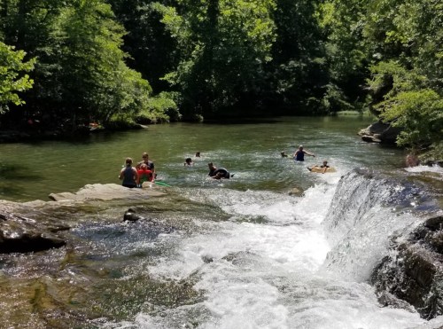 People swimming and playing in a natural river surrounded by lush green trees and a small waterfall.