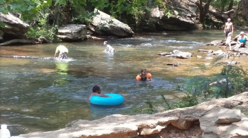People enjoying a sunny day in a creek, some swimming and others relaxing on the shore among rocks and trees.