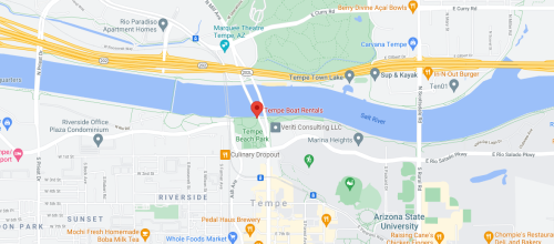 Map showing Tempe Beach Park and nearby locations, including Tempe Boat Rentals and Arizona State University.