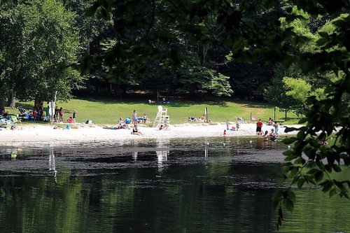 A sandy beach by a calm lake, with people relaxing, swimming, and enjoying the sun under green trees.