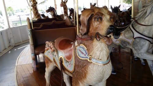 A vintage carousel featuring a painted dog figure with a saddle, surrounded by other carousel animals.