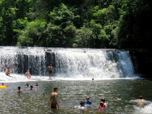 People swimming and playing in a natural pool beneath a waterfall, surrounded by lush greenery.