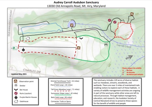Map of Audrey Carroll Audubon Sanctuary in Mt. Airy, Maryland, showing trails, habitats, and key features.