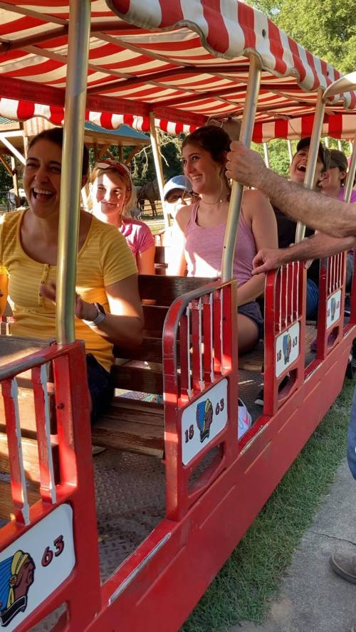 A group of smiling people enjoying a ride on a colorful train at an amusement park.