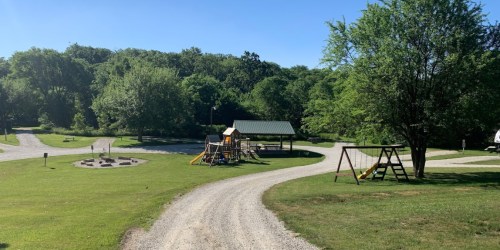 A winding gravel path leads to a playground and picnic area surrounded by lush green trees and clear blue skies.