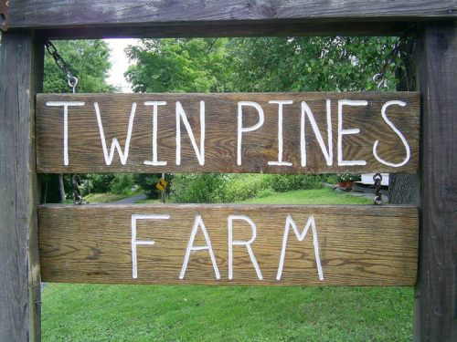 Wooden sign reading "Twin Pines Farm" hanging in a green, wooded area.