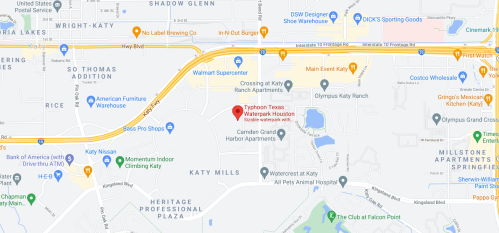 Map showing the location of Typhoon Texas Waterpark in Katy, Texas, near major roads and nearby businesses.