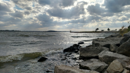 A rocky shoreline with gentle waves, under a cloudy sky with distant trees and hills on the horizon.