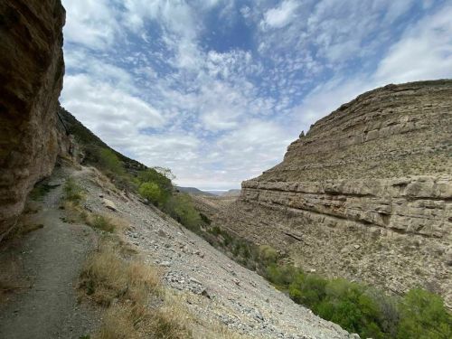A scenic view of a rocky canyon with steep cliffs and a cloudy sky above, surrounded by sparse vegetation.