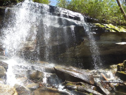 A cascading waterfall flows over rocky terrain, surrounded by lush greenery and sunlight filtering through the trees.