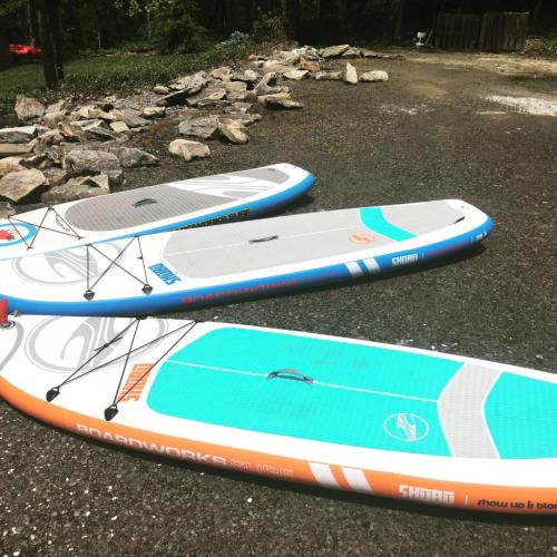 Three stand-up paddleboards in various colors resting on a gravel surface, surrounded by rocks and trees.