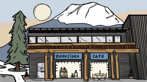A cozy bookstore café with large windows, surrounded by trees and mountains, under a bright sun.