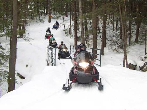 A group of snowmobiles traveling through a snowy forest, crossing a small bridge surrounded by trees.