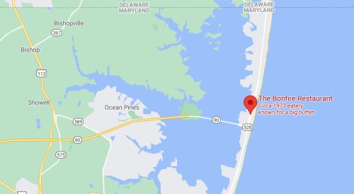 Map showing the location of The Bonfire Restaurant, a buffet eatery near Ocean Pines, Delaware.