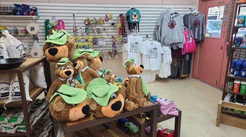 A store display featuring plush bears with green hats, alongside various clothing and accessories on shelves.