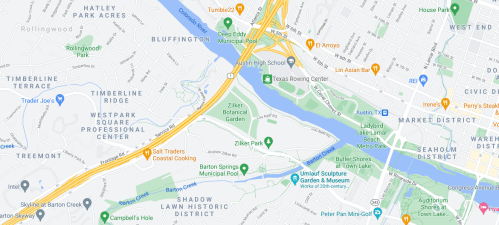 Map showing Zilker Park, Barton Springs, and nearby areas in Austin, Texas, with roads and landmarks labeled.