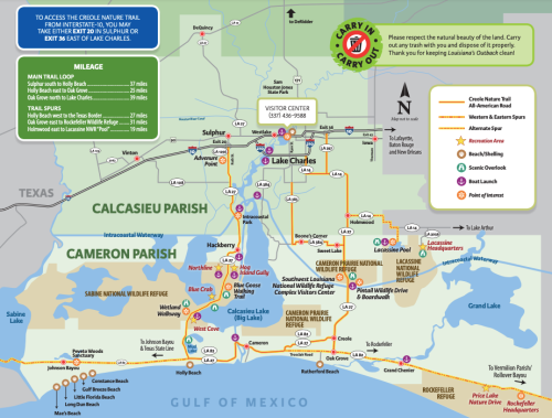 Map of the Creole Nature Trail, highlighting routes, mileage, and points of interest in Calcasieu and Cameron Parishes.