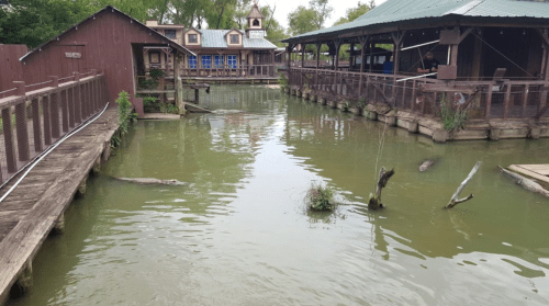 A tranquil waterway with wooden walkways, surrounded by rustic buildings and greenery, reflecting a peaceful atmosphere.