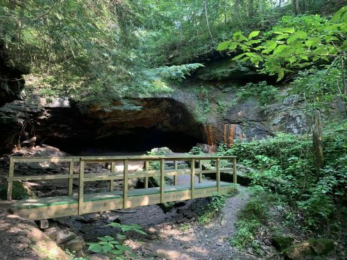 A wooden bridge crosses a small path in a lush green forest, leading to a rocky cave entrance.