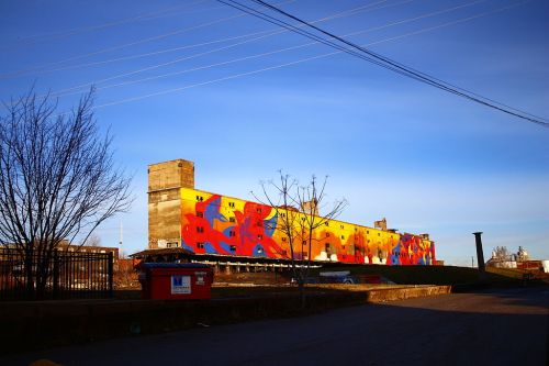 Colorful mural on a large industrial building under a clear blue sky, with power lines and a tree in the foreground.