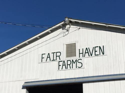 Sign on a white barn reads "Fair Haven Farms" against a clear blue sky.