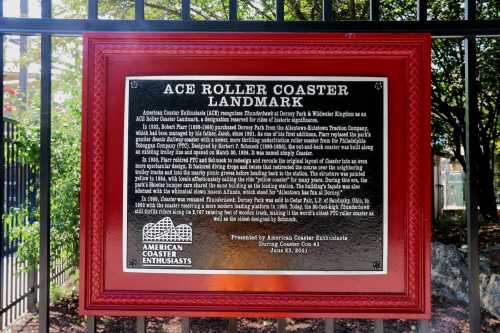 Plaque detailing the ACE Roller Coaster Landmark, celebrating its historical significance and recognition.