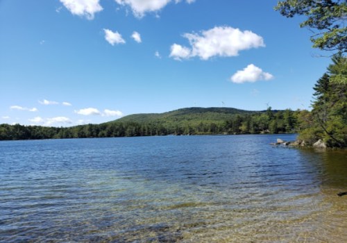 A serene lake surrounded by trees and hills under a clear blue sky with fluffy white clouds.