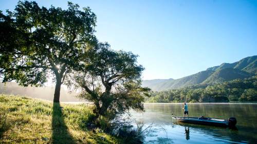 A person stands on a boat by a serene lake, surrounded by trees and mountains under a clear blue sky.