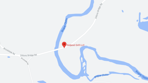 Map showing the location of Outpost Grill LLC near Bogue Chitto River, with nearby roads labeled.