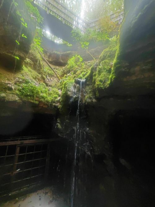 A moss-covered rock formation with a small waterfall, illuminated by soft light filtering through above.