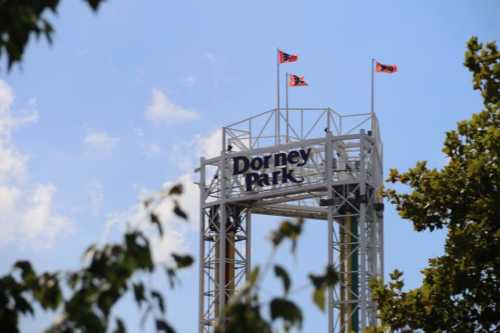 Sign for Dorney Park with flags flying above, framed by green leaves and a blue sky.