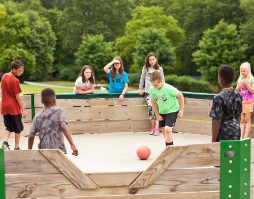 A group of children playing a game of gaga ball in a wooden enclosure, surrounded by greenery.