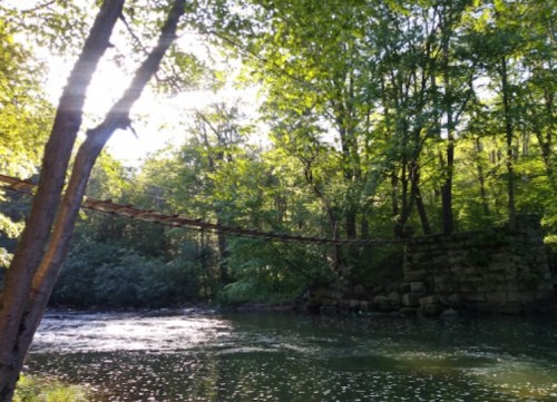 A serene river scene with a wooden bridge surrounded by lush green trees and sunlight filtering through the leaves.