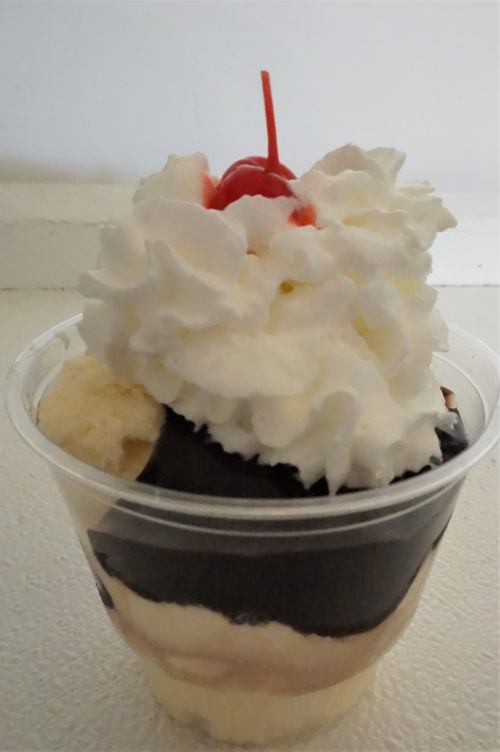 A dessert cup with layers of ice cream, chocolate sauce, whipped cream, and a cherry on top.