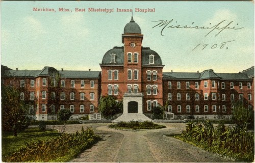 Historic postcard of the East Mississippi Insane Hospital in Meridian, Mississippi, dated 1905.