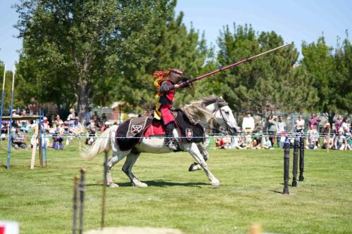 A knight in armor rides a gray horse, wielding a lance during a jousting event, with spectators in the background.