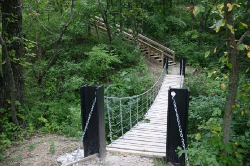 A wooden bridge with a chain railing spans a lush, green forested area, leading to a set of stairs.