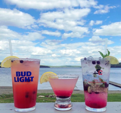 Three colorful cocktails with lemon slices, set against a scenic lake and cloudy sky.