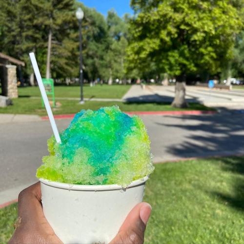 A hand holds a cup of vibrant blue and green shaved ice in a sunny park setting.