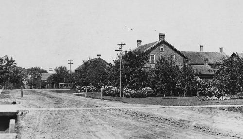 Black and white photo of a dirt road lined with trees and houses, with utility poles in the background.