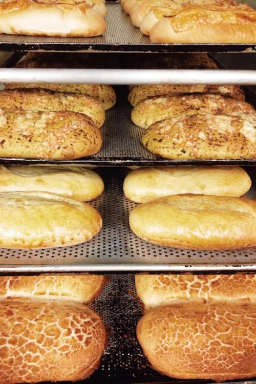 Freshly baked bread rolls on metal racks, showcasing a variety of textures and golden-brown crusts.