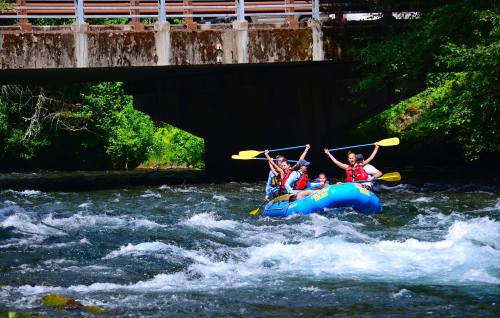 A group of people in a blue raft paddling through a river, celebrating under a bridge surrounded by greenery.