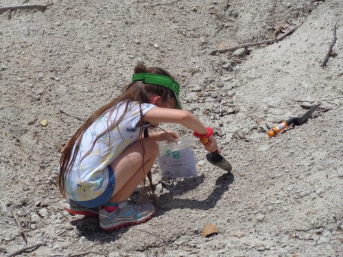 A child crouches on the ground, using a small tool to dig in the dirt while holding a clear bag.